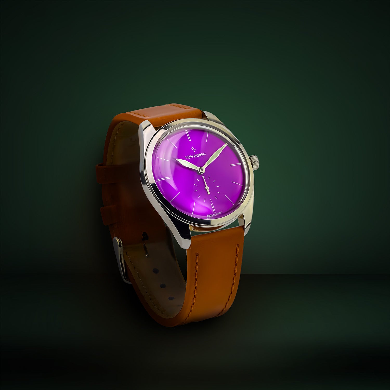 Von Doren Runde purple klokke med brun skinnreim