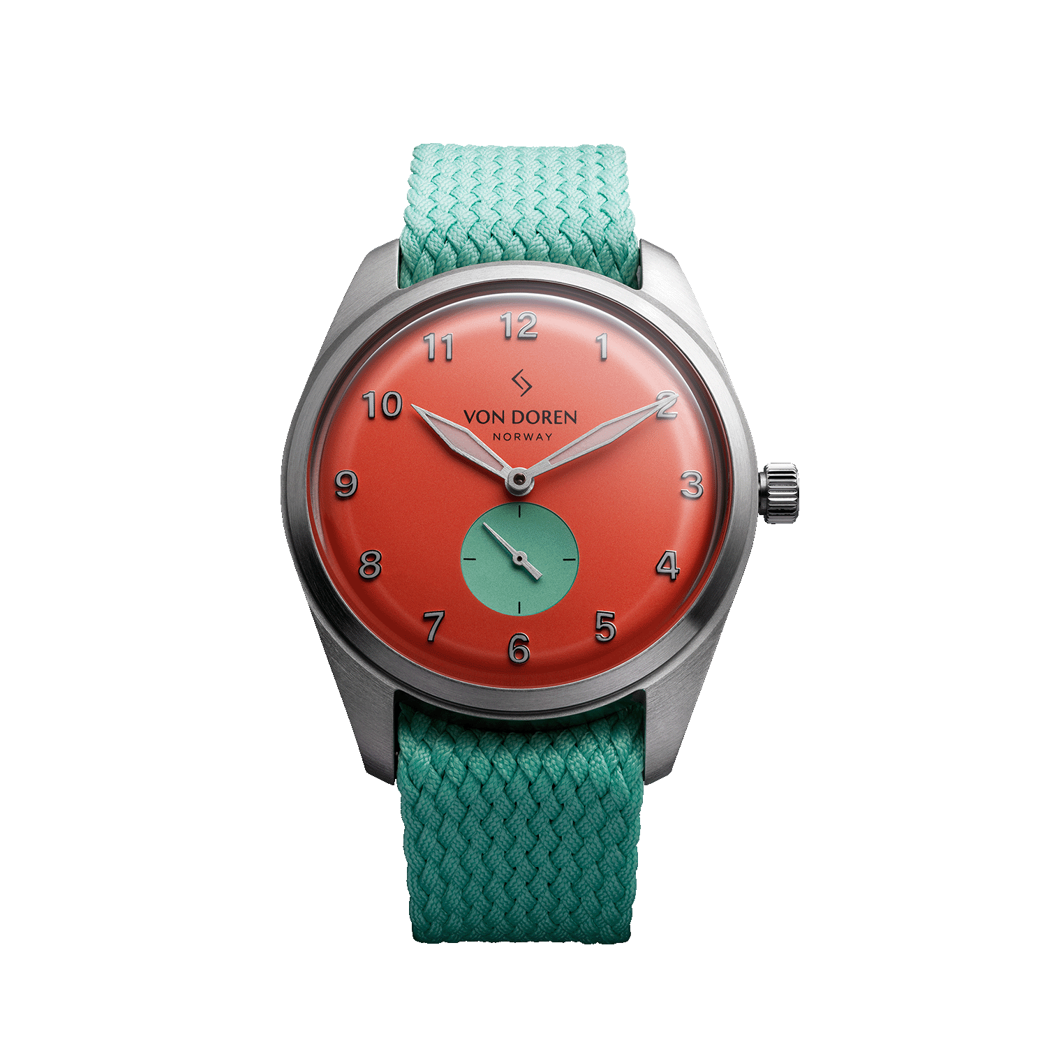 Von Doren Runde Candy Chili med rød tallskive, mintgrønn subdial og matchende rem.