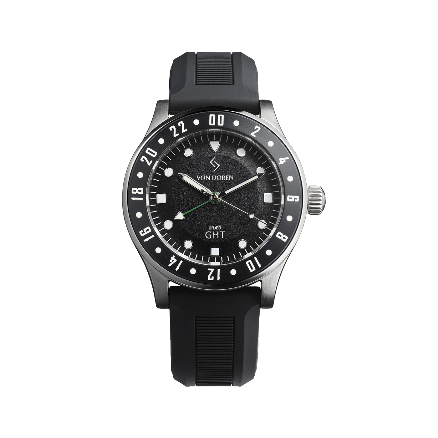 Von Doren URÆD GMT watch with black dial and black rubber strap, front view.