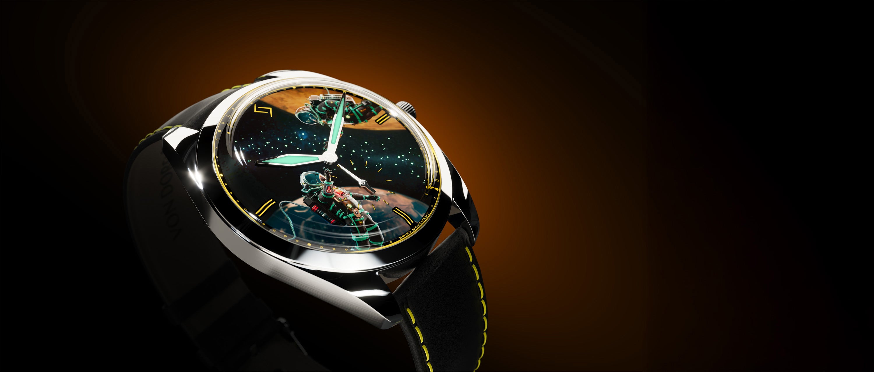 Von Doren watch with astronaut dial design on a dark red background.