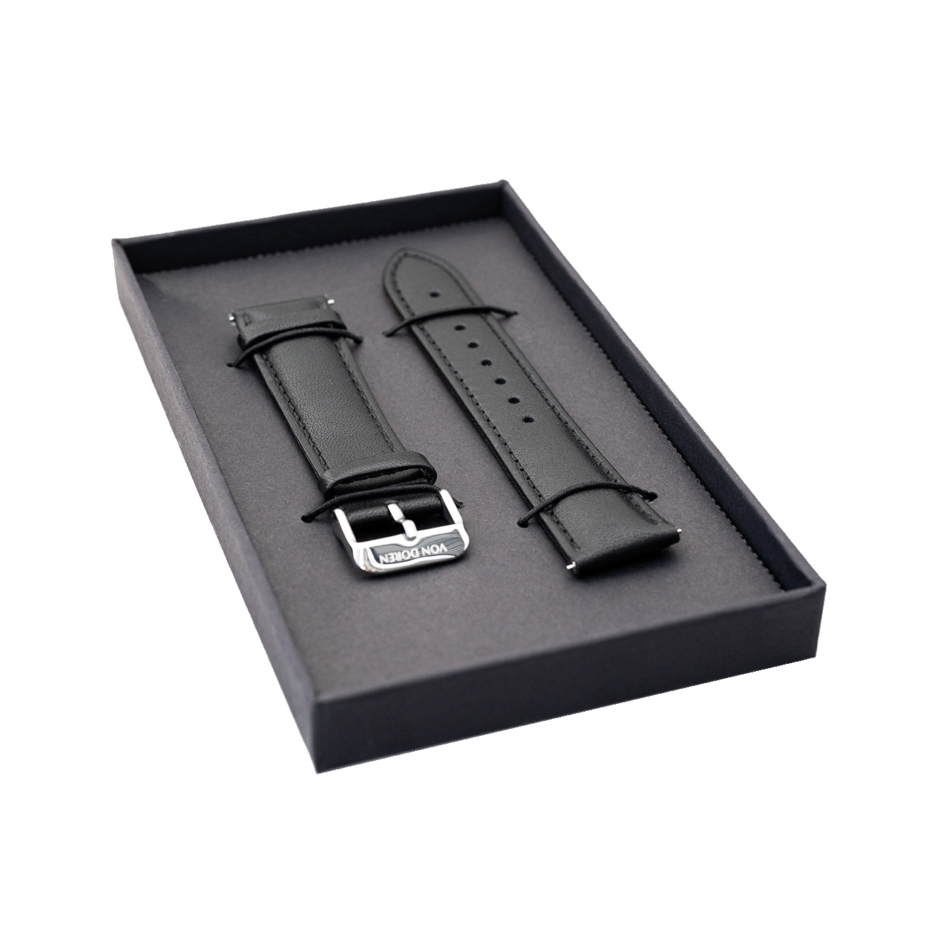 Sort Von Doren lærrem, levert i svart gaveeske med sølvspenne.