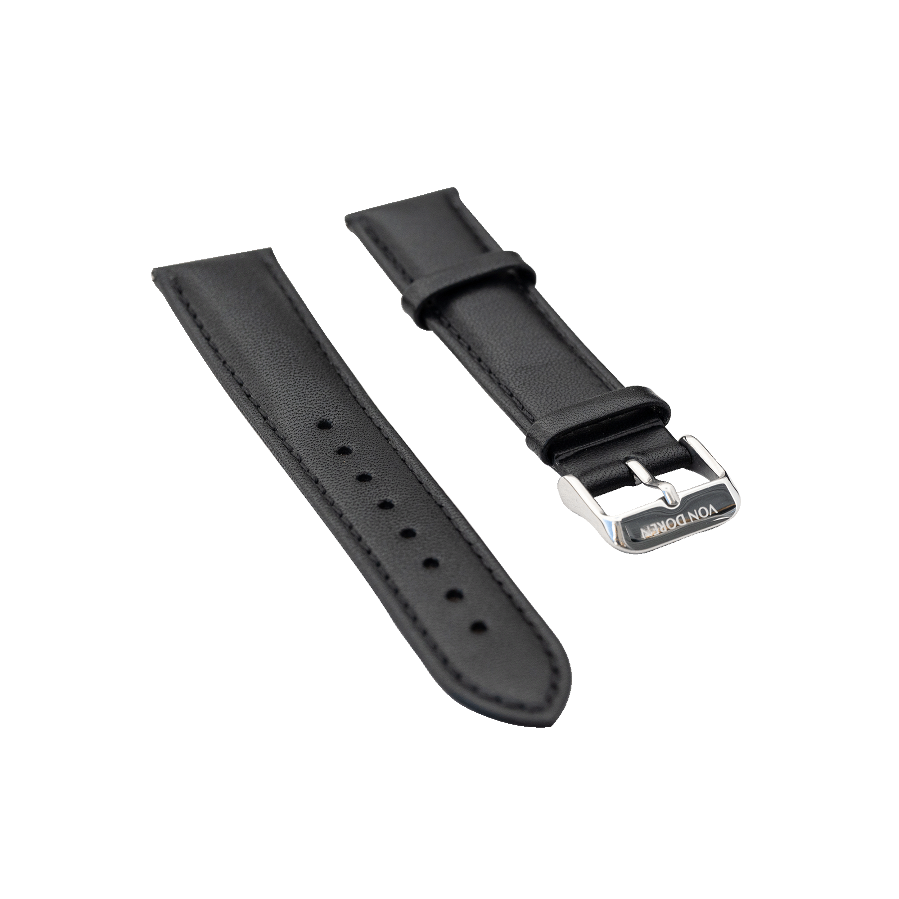 Sort Von Doren lærrem med sølvspenne, vist i to deler mot transparent bakgrunn.