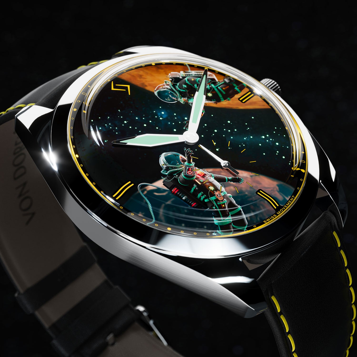 Close-up of the Engwind x Von Doren watch featuring astronaut artwork on the dial.