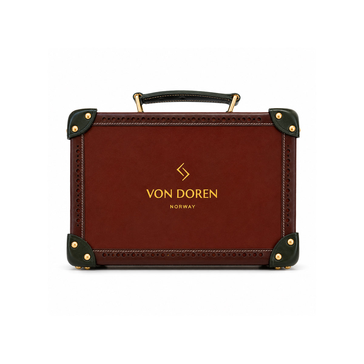 Von Doren klokkekoffert i burgunderrødt skinn med mørkegrønne detaljer og gullfarget logo.