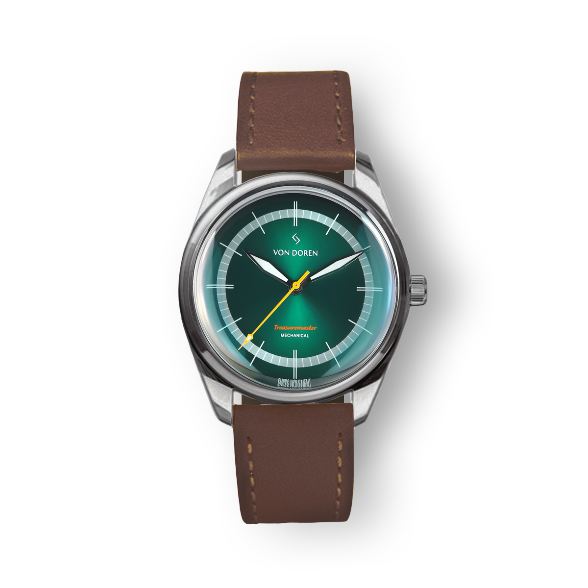 Von Doren Treasuremaster med grønn tallskive, gul sekundviser og brun skinnrem.