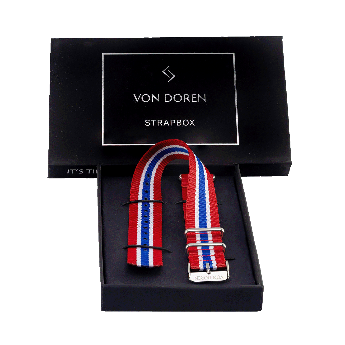 Von Doren StrapBox med NATO-rem i rødt, hvitt og blått.